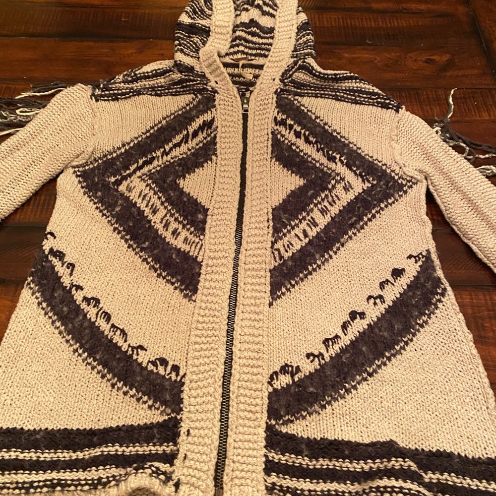 Free People hooded zip up sweater with fringe